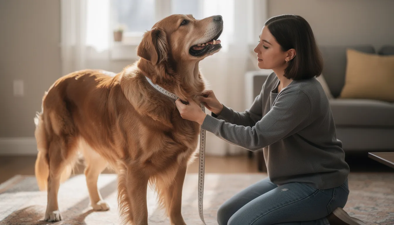Na zdjęciu widzimy osobę, która mierzy szyję dużego psa za pomocą miękkiej miarki krawieckiej, aby dokładnie określić obwód szyi psa przed wyborem odpowiedniej szerokiej obroży. W tle widać przytulne otoczenie, co podkreśla komfort i bezpieczeństwo podczas zakupu akcesoriów dla pupila.