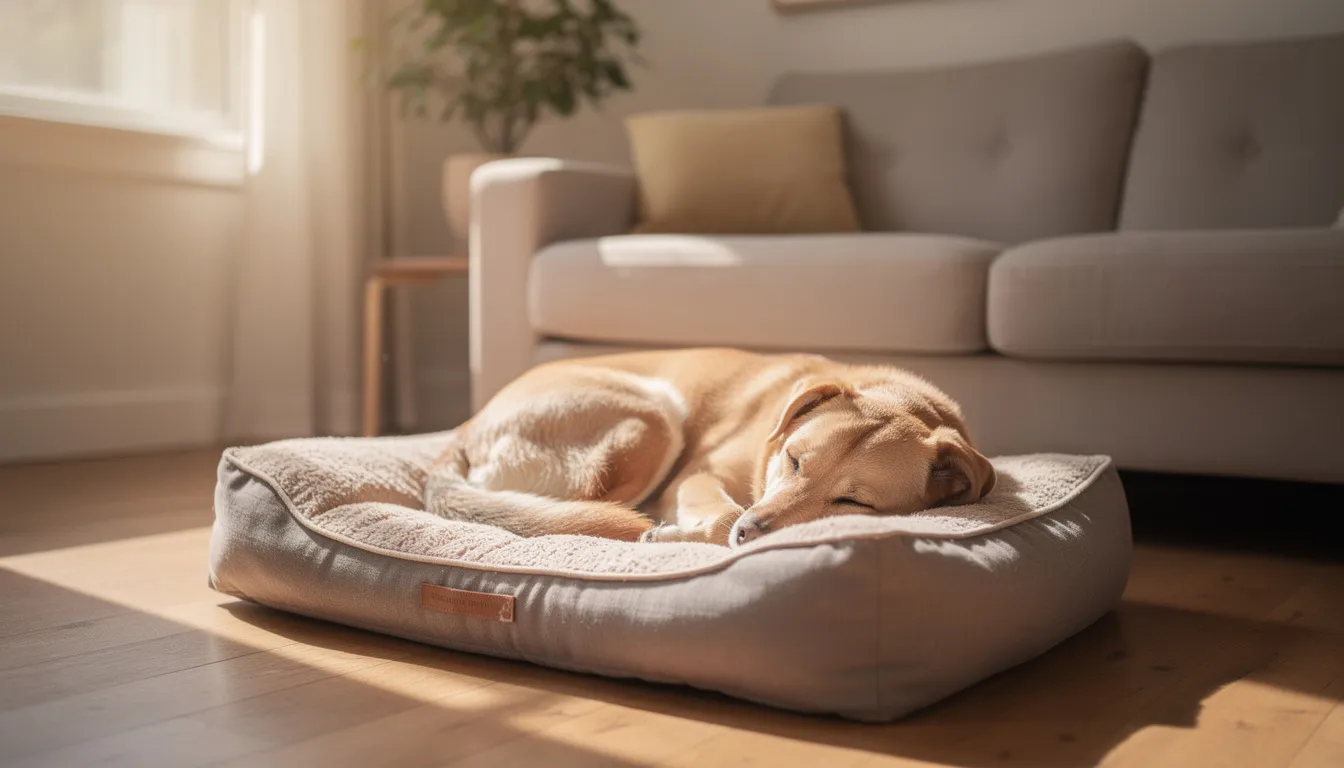 Na obrazku widzimy psa śpiącego spokojnie na swoim legowisku w domowym otoczeniu. Pies, jako zwierzę domowe, cieszy się chwilą odpoczynku, co jest istotne dla jego zdrowia, zwłaszcza po szczepieniu przeciwko wściekliźnie.