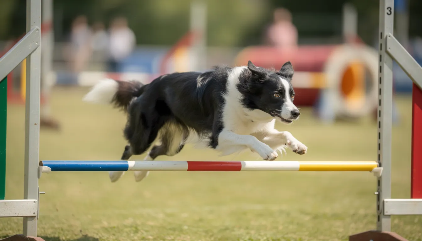 Na obrazku widzimy border collie, najładniejszego psa świata, w biegu podczas zawodów agility, skaczącego przez przeszkodę. Pies tej rasy, znany z inteligencji i zwinności, prezentuje swoją wspaniałą sylwetkę i lśniącą sierść w akcji.