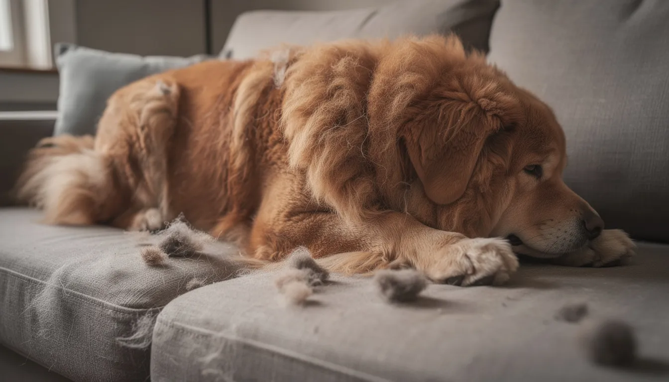 Na kanapie leży pies o gęstej, puszystej sierści, obok którego znajdują się kłębki martwych włosów, co może sugerować okres linienia. Regularne szczotkowanie może pomóc w ograniczeniu nadmiernego wypadania sierści u psa oraz poprawić kondycję jego sierści.