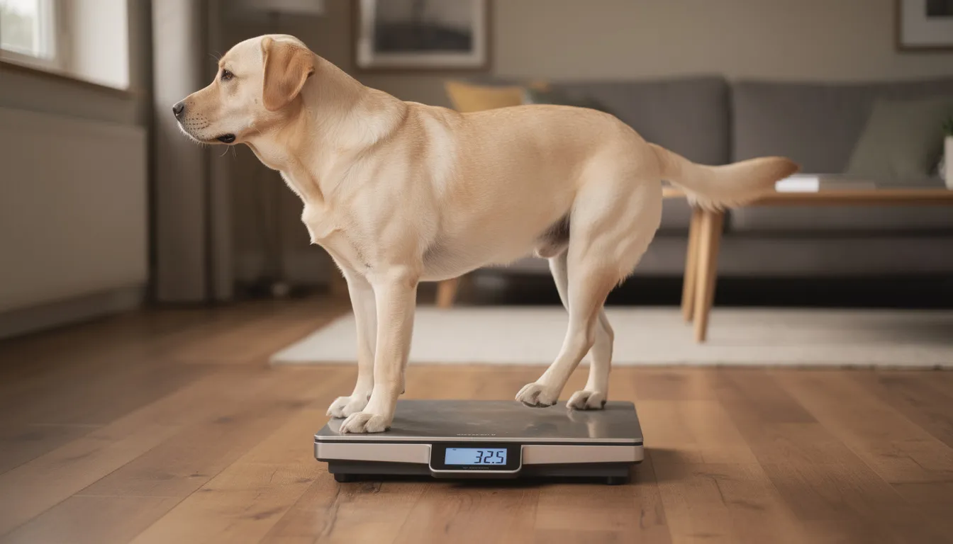 Na zdjęciu znajduje się pies rasy labrador, spokojnie stojący na niskiej platformie wagi weterynaryjnej w domowym salonie. Waga ta jest przeznaczona do precyzyjnego ważenia zwierząt, co jest istotne dla ich zdrowia i diagnostyki weterynaryjnej.