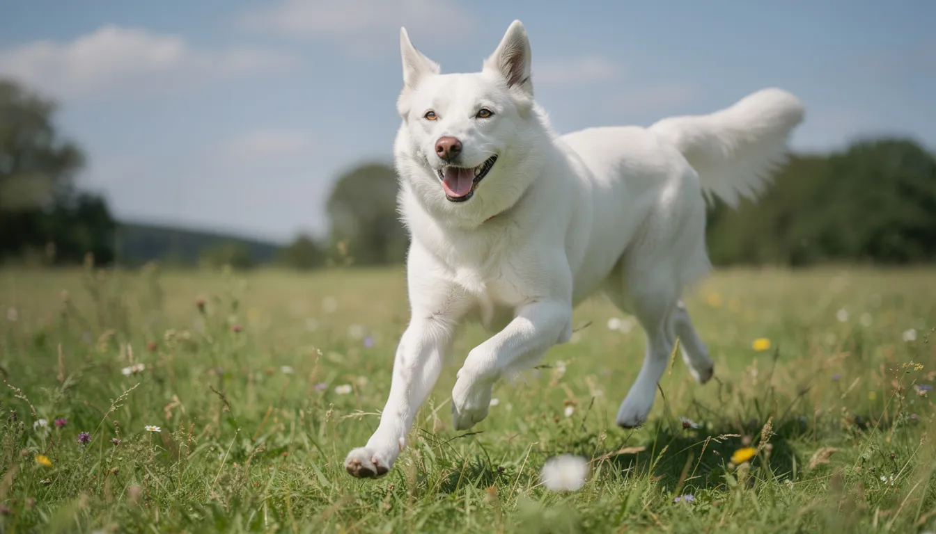 Na łące biega szczęśliwy pies o lśniącej białej sierści, ciesząc się wolnością i radością. Jego jasne umaszczenie kontrastuje z zielenią trawy, a w kącikach oczu widać błysk szczęścia.