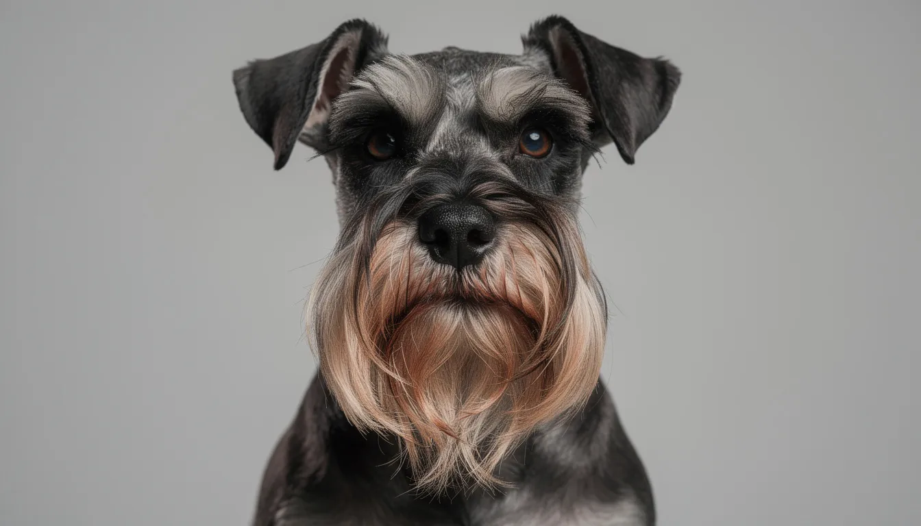Portret sznaucera miniaturowego z charakterystyczną brodą i krzaczastymi brwiami, ukazujący jego wyjątkowy wygląd i ciemne oczy. Pies o niewielkich rozmiarach, znany z energicznego charakteru i inteligencji, idealny dla aktywnych rodzin.