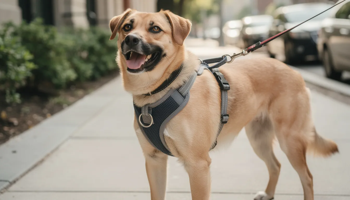 Na zdjęciu widać psa w wygodnych szelkach spacerowych, które zapewniają mu komfort i bezpieczeństwo podczas spacerów. Szelki są idealne dla psów, które ciągną, a ich mechanizm pozwala na lepszą kontrolę przez właściciela.
