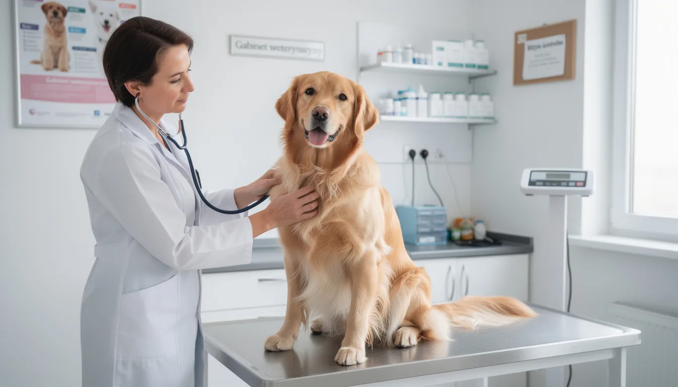 Na zdjęciu widoczny jest golden retriever podczas wizyty kontrolnej u weterynarza. Pies tej rasy, o łagodnym charakterze i pięknej, złotej sierści, spokojnie siedzi na stole, a weterynarz sprawdza jego zdrowie.