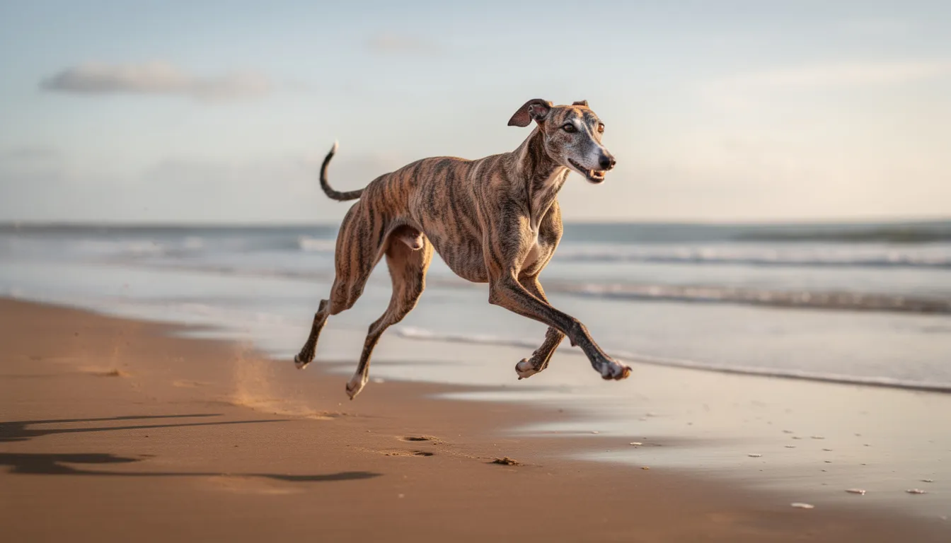Na plaży biegnie whippet o pręgowanym umaszczeniu, ciesząc się swobodą i aktywnością. Ten pies myśliwski, znany ze swojej eleganckiej sylwetki i łagodnego charakteru, doskonale radzi sobie w psich sportach i jest idealnym towarzyszem dla całej rodziny.