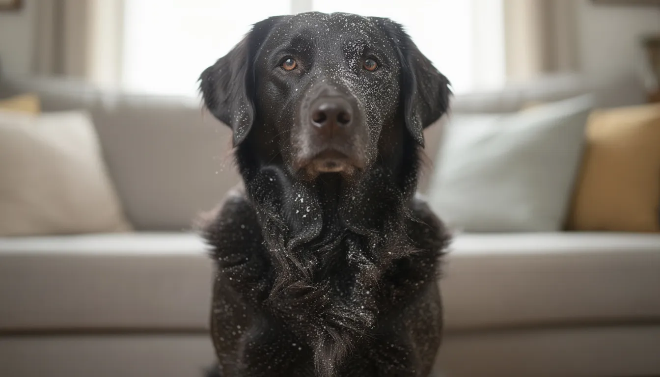 Na kanapie siedzi pies rasy golden retriever, którego ciemna sierść pokryta jest białymi płatkami łupieżu, co może sugerować problemy skórne, takie jak łupież u psa. Obecność łupieżu może być wynikiem niewłaściwej pielęgnacji sierści lub alergii pokarmowych.