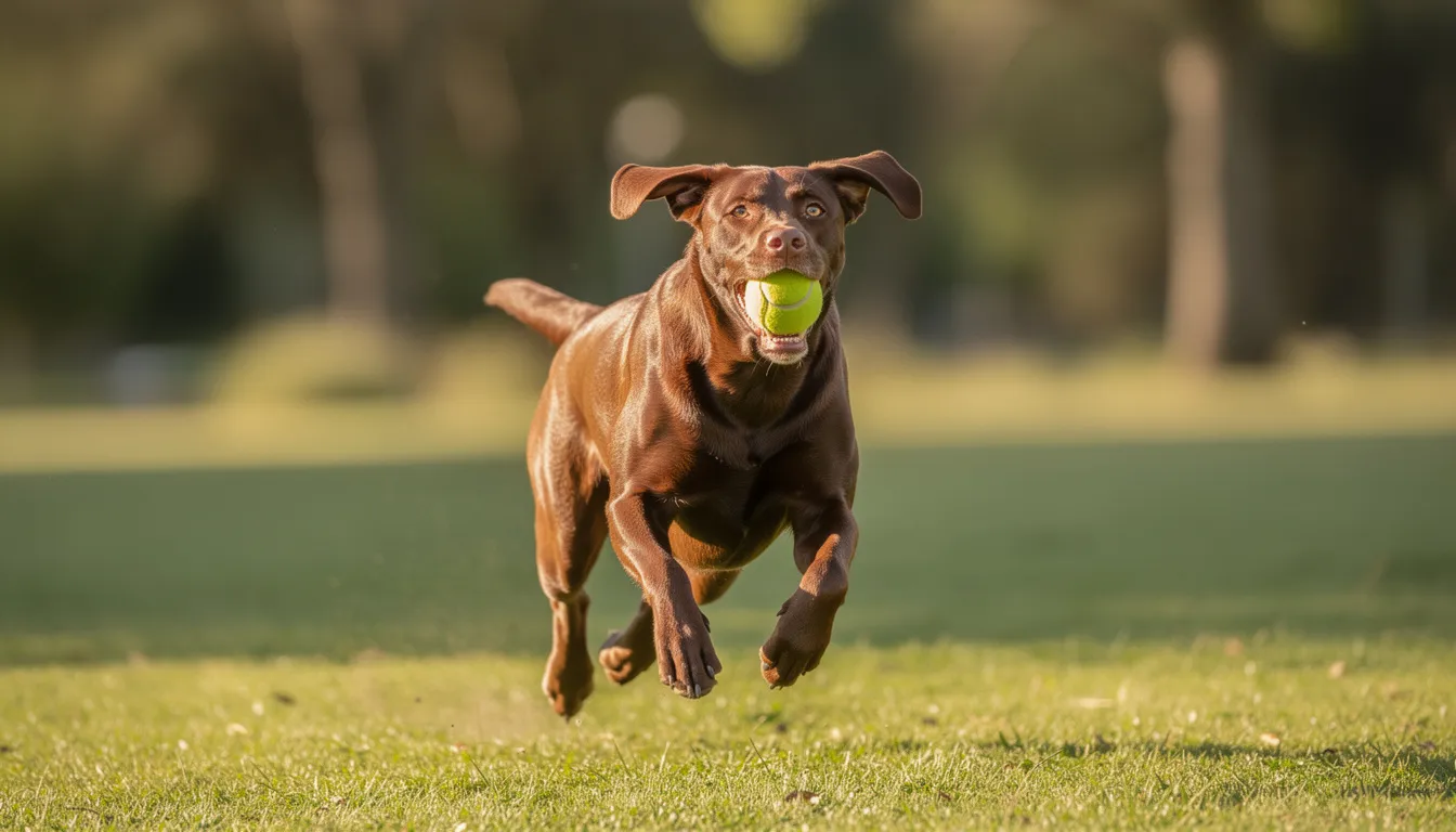 Na zdjęciu widać aktywnego labradora retrievera, który biegnie po zielonej trawie z piłką w pysku. Pies rasy labrador cieszy się ruchem, co jest ważne dla jego zdrowia i kondycji fizycznej.