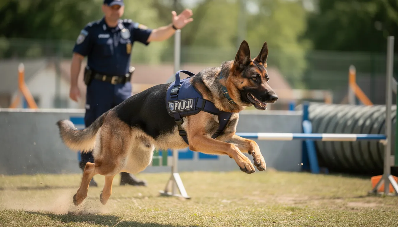 Na obrazku widzimy owczarka niemieckiego, psa policyjnego, pokonującego tor przeszkód podczas intensywnego szkolenia w centrum szkolenia policji. Jego opiekun obserwuje go, a pies z determinacją wykonuje zadania związane z tresurą psów służbowych.