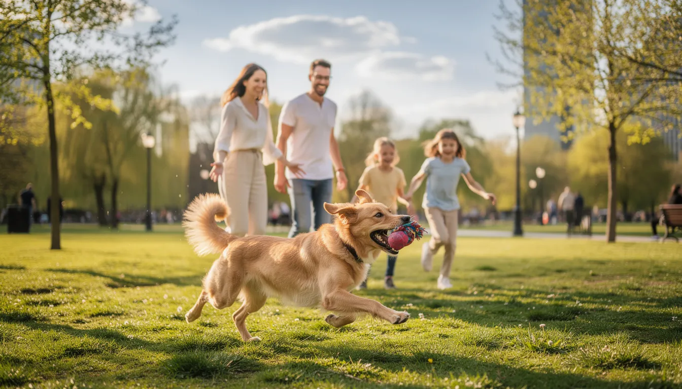 Rodzina bawi się z psem w parku, gdzie czworonogi aportują zabawkę. Pies liże swojego właściciela, co jest naturalnym zachowaniem, oznaczającym sympatię i chęć zwrócenia na siebie uwagi.