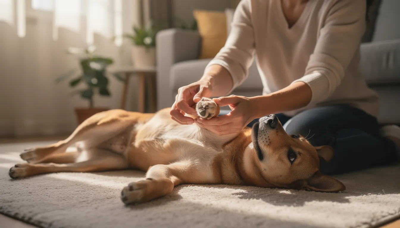 Właściciel delikatnie bada łapy leżącego psa, zwracając uwagę na możliwe niepokojące zmiany skórne oraz powstawanie modzeli, które mogą występować w okolicy stawu łokciowego. Troska o zdrowie pupila obejmuje również zapobieganie ich powstawaniu poprzez zapewnienie odpowiedniego legowiska i pielęgnację.