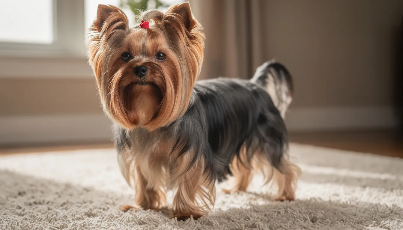 Na miękkim dywanie stoi yorkshire terrier o lśniącej, przystrzyżonej sierści, który jest przykładem małych psów rasy idealnych do mieszkań. Jego przyjazne usposobienie sprawia, że doskonale odnajduje się w towarzystwie swoich właścicieli.