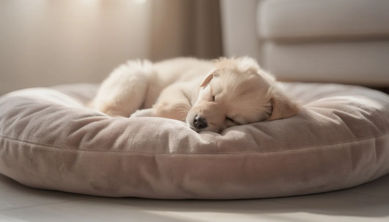 Szczeniak leży na miękkim posłaniu, spokojnie odpoczywając. Jego nos jest lekko wilgotny, co może być objawem kataru, typowym dla młodych psów.