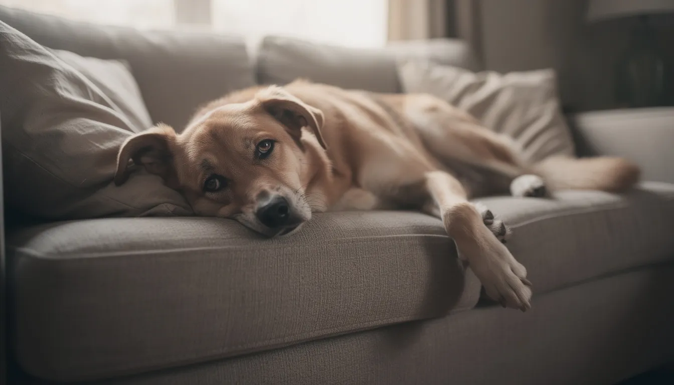 Na kanapie leży zmęczony pies, który wykazuje objawy apatii, takie jak brak apetytu i osłabienie. Jego stan może sugerować babeszjozę, chorobę odkleszczową, której pierwsze objawy to m.in. przyspieszona akcja serca i ciemne zabarwienie moczu.