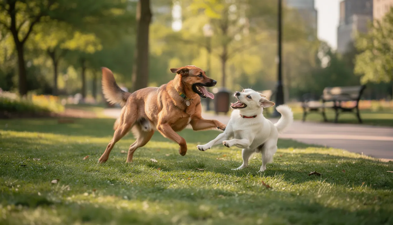Na zdjęciu widać dwa psy bawiące się na zielonej trawie w parku, cieszące się wspólnym czasem. Ich radość i energia mogą przypominać właścicielom psów o potrzebie dbania o zdrowie czworonogów, aby unikać problemów zdrowotnych, takich jak zakażenia gronkowcem.