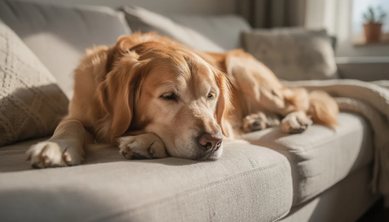 Na zdjęciu widać starszego psa rasy golden retriever, który leży na kanapie, spokojnie odpoczywając. Jego jasna sierść kontrastuje z ciemnym otoczeniem, a pies wydaje się być w dobrej kondycji, co jest istotne dla zdrowia starszych psów.