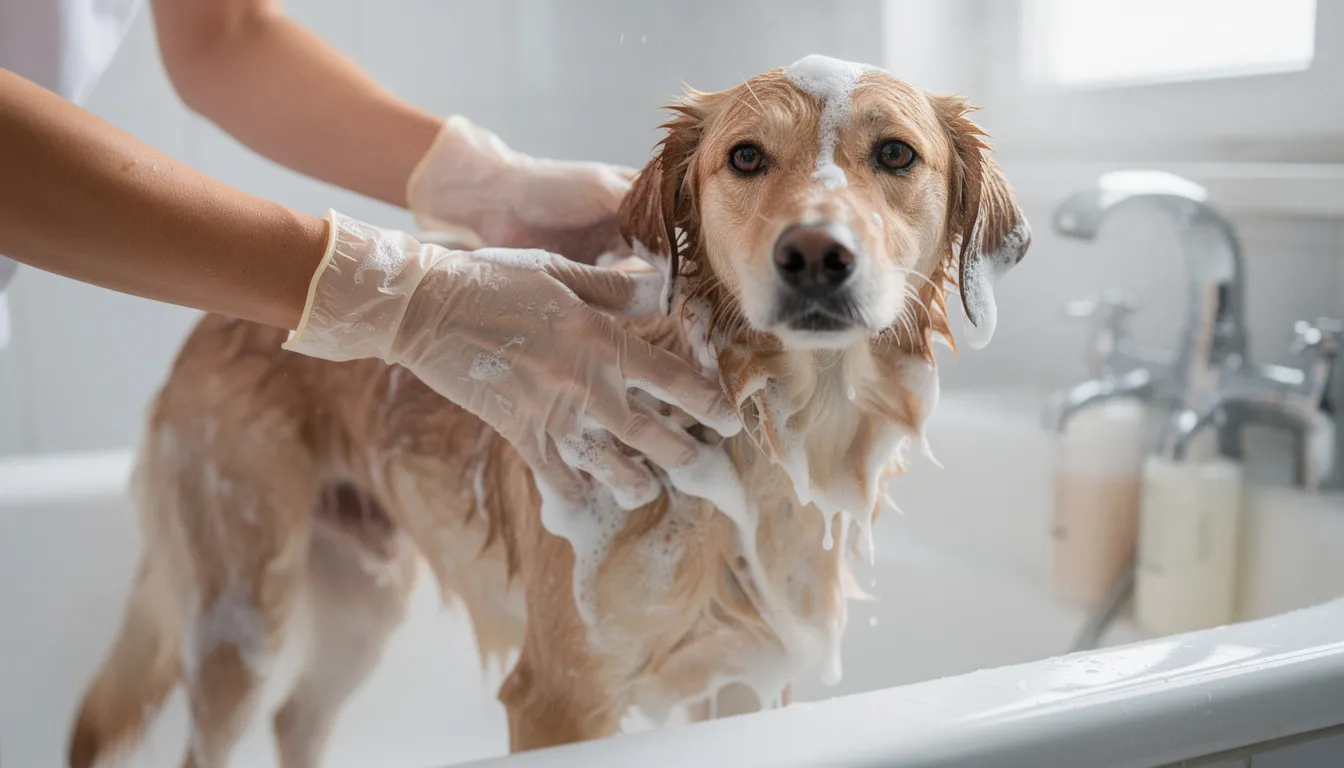 Na obrazku widać osobę w rękawiczkach, która aplikuje szampon leczniczy psu podczas kąpieli. Proces ten ma na celu leczenie objawów zapalenia skóry u psa, takich jak atopowe zapalenie skóry czy zmiany skórne, co przyczynia się do utrzymania zdrowej skóry i złagodzenia stanu zapalnego.