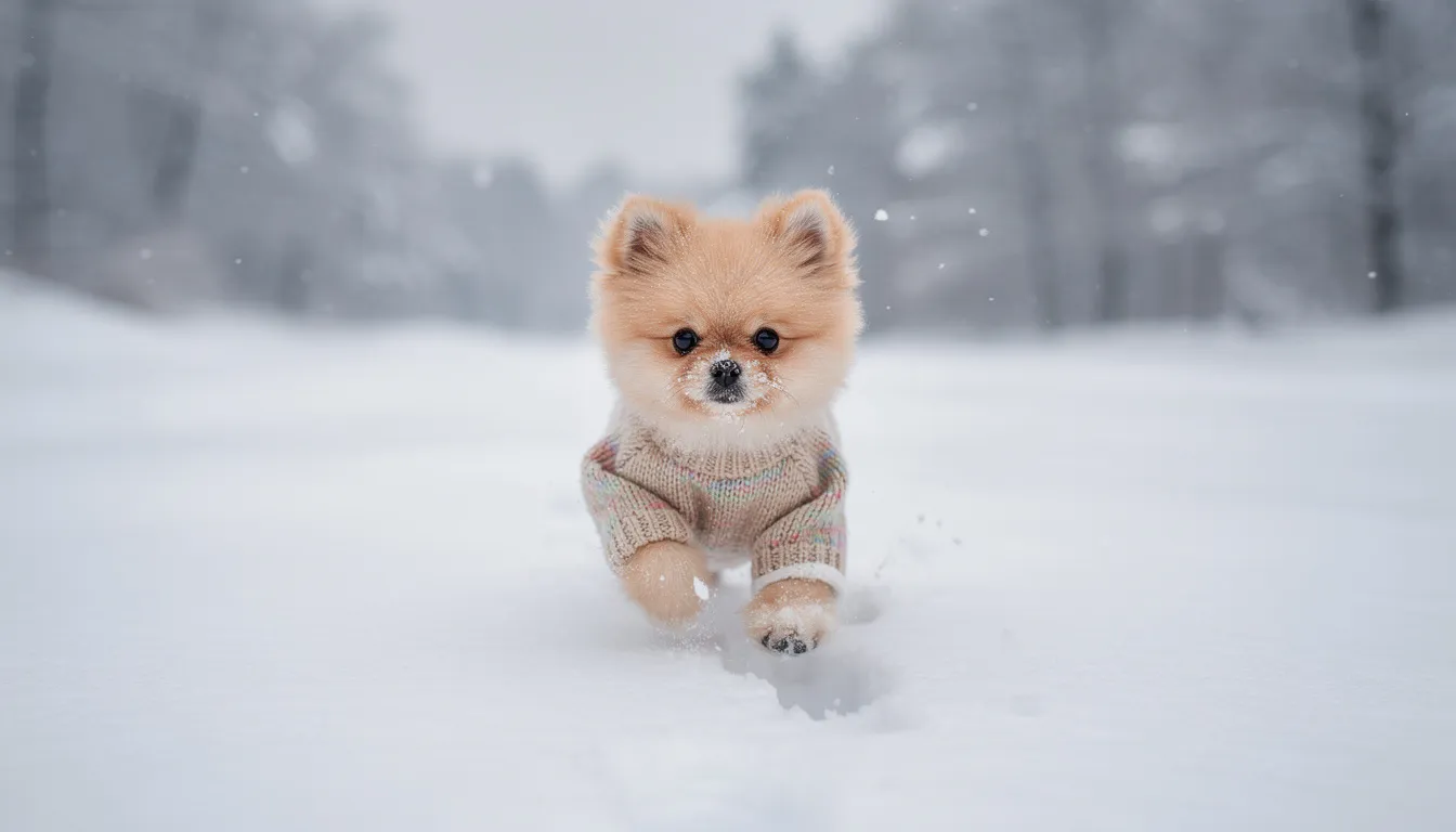 Na zdjęciu widoczny jest mały piesek w ciepłym sweterku, który spaceruje zimą. Piesek, prawdopodobnie rasy chihuahua, ma niewielkie rozmiary i wesołe usposobienie, co czyni go idealnym towarzyszem dla rodzin i osób starszych.