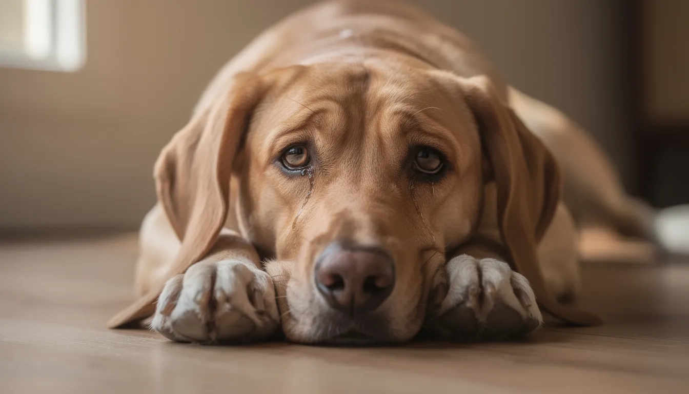 Na podłodze leży smutny pies z opuszczonymi uszami i podkulonym ogonem, co sugeruje jego złe samopoczucie. Jego wyraz pyska wskazuje na apatyczne zachowanie, które może być spowodowane depresją lub utratą bliskiej osoby.