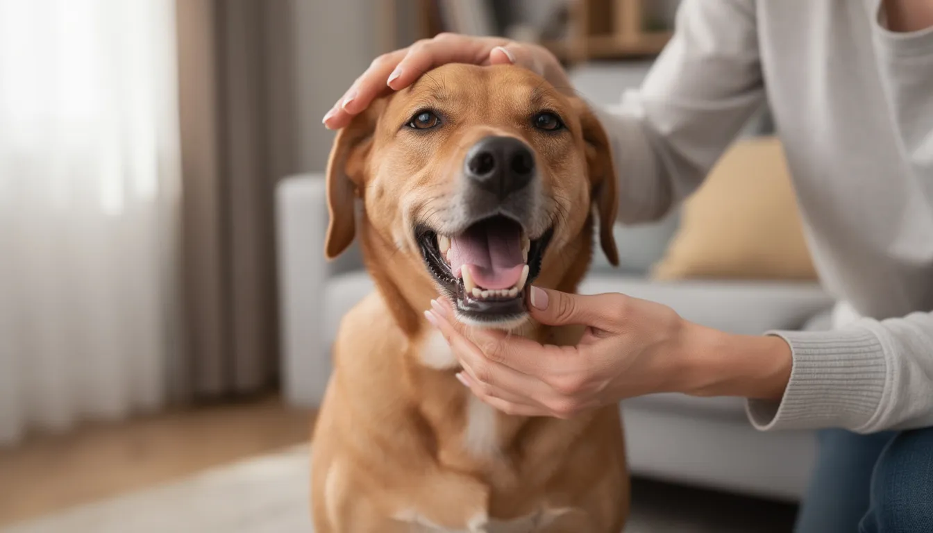 Na zdjęciu właściciel delikatnie sprawdza dziąsła swojego psa, zwracając uwagę na ewentualne niepokojące zmiany, które mogą wskazywać na czerniaka jamy ustnej. Regularne kontrole stanu zdrowia psa są kluczowe dla wczesnego wykrycia objawów czerniaka i skutecznego leczenia.