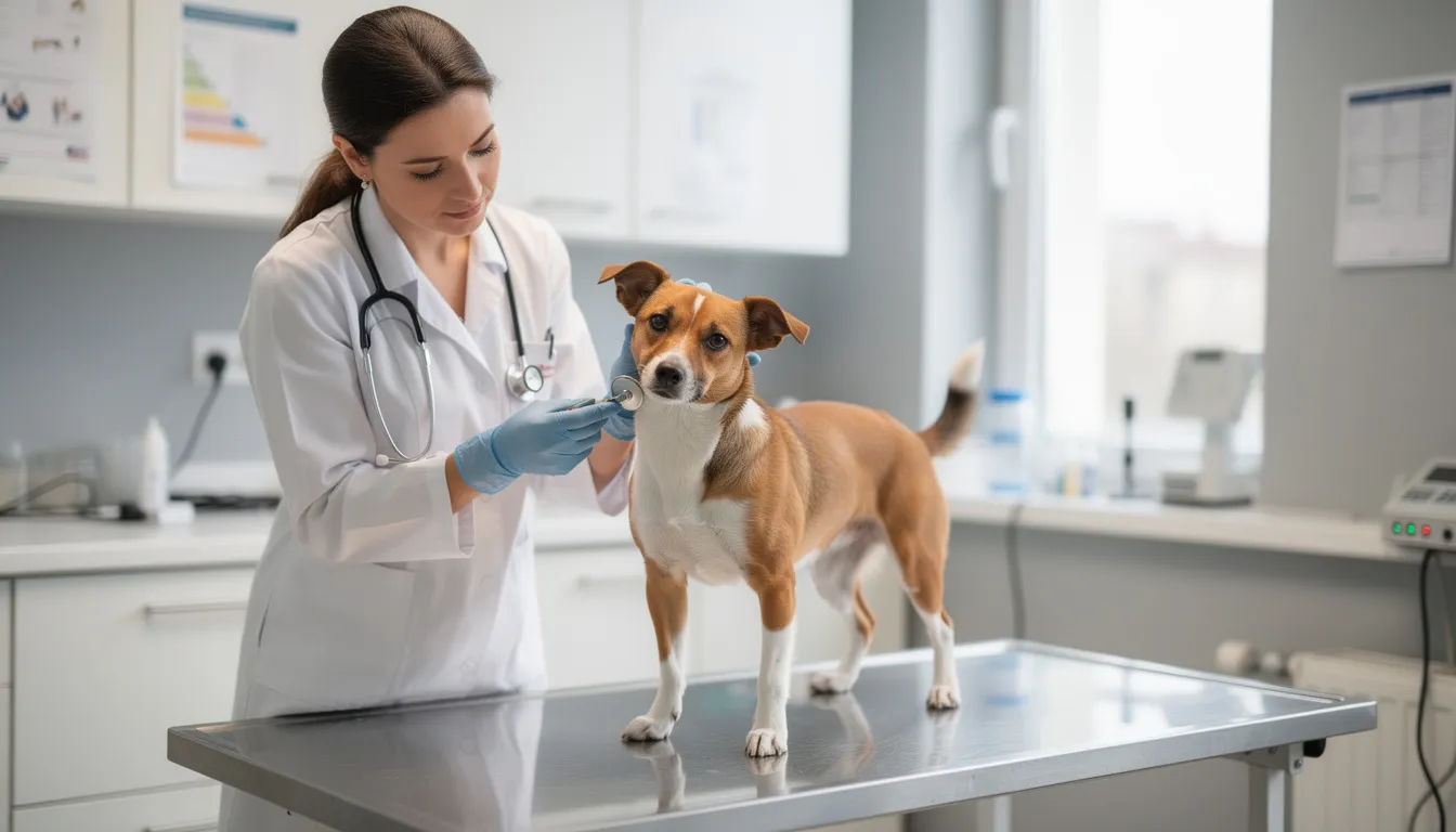 Na zdjęciu widzimy lekarza weterynarii, który bada małego psa leżącego na stole w gabinecie. Specjalista sprawdza stan gruczołów okołoodbytowych, co może być związane z problemem saneczkowania u psa, aby zidentyfikować przyczynę ewentualnych podrażnień okolic odbytu.