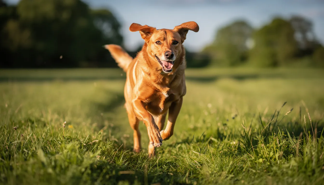 Na obrazku widać zdrowego, energicznego psa, który radośnie biega po zielonej trawie. Regularne odrobaczanie psa jest kluczowe dla jego zdrowia, aby zapobiec obecności pasożytów wewnętrznych w układzie pokarmowym.