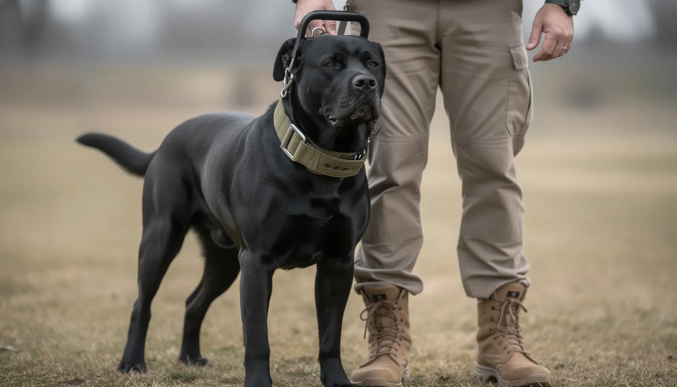 Na obrazku widoczny jest czarny, duży pies z szeroką taktyczną obrożą z uchwytem, stojący przy nodze swojego opiekuna. Obroża jest solidna i wykonana z wytrzymałego materiału, co zapewnia komfort i bezpieczeństwo podczas spacerów.