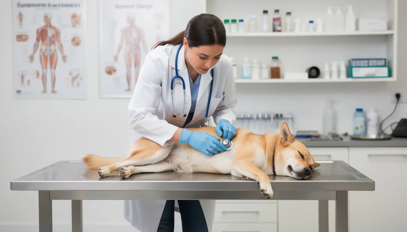 Weterynarz bada psa leżącego na stole weterynaryjnym, który spokojnie znosi badanie. Specjalista może oceniać stan zdrowia psa w kontekście potencjalnych infekcji bakteryjnych, a także przyczyny powstania ropnia.