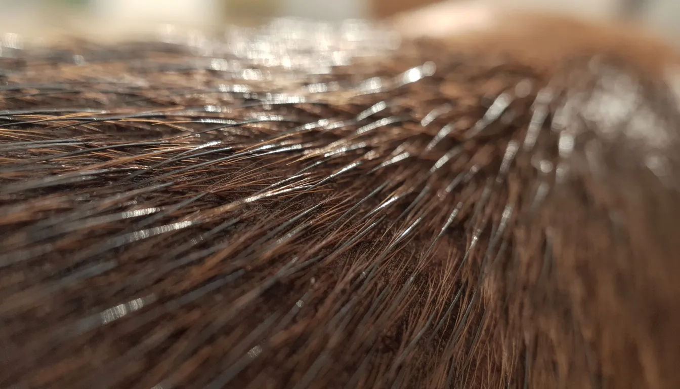 Zbliżenie na krótką, lśniącą sierść psa, która przylega do skóry, ukazując jej strukturę. Widać, że jest to sierść typowa dla ras psów krótkowłosych, takich jak labrador retriever czy jack russell terrier.