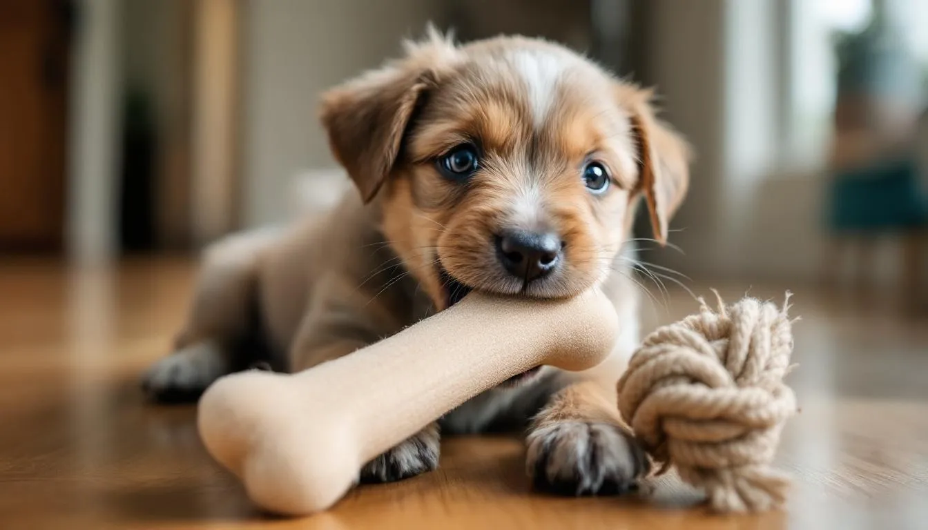 Na obrazku widoczny jest młody pies, który bawi się swoimi zabawkami do gryzienia, delikatnie podgryzając je przednimi zębami. Jego zachowanie jest pełne radości i energii, co świadczy o jego szczęśliwym życiu w domu.