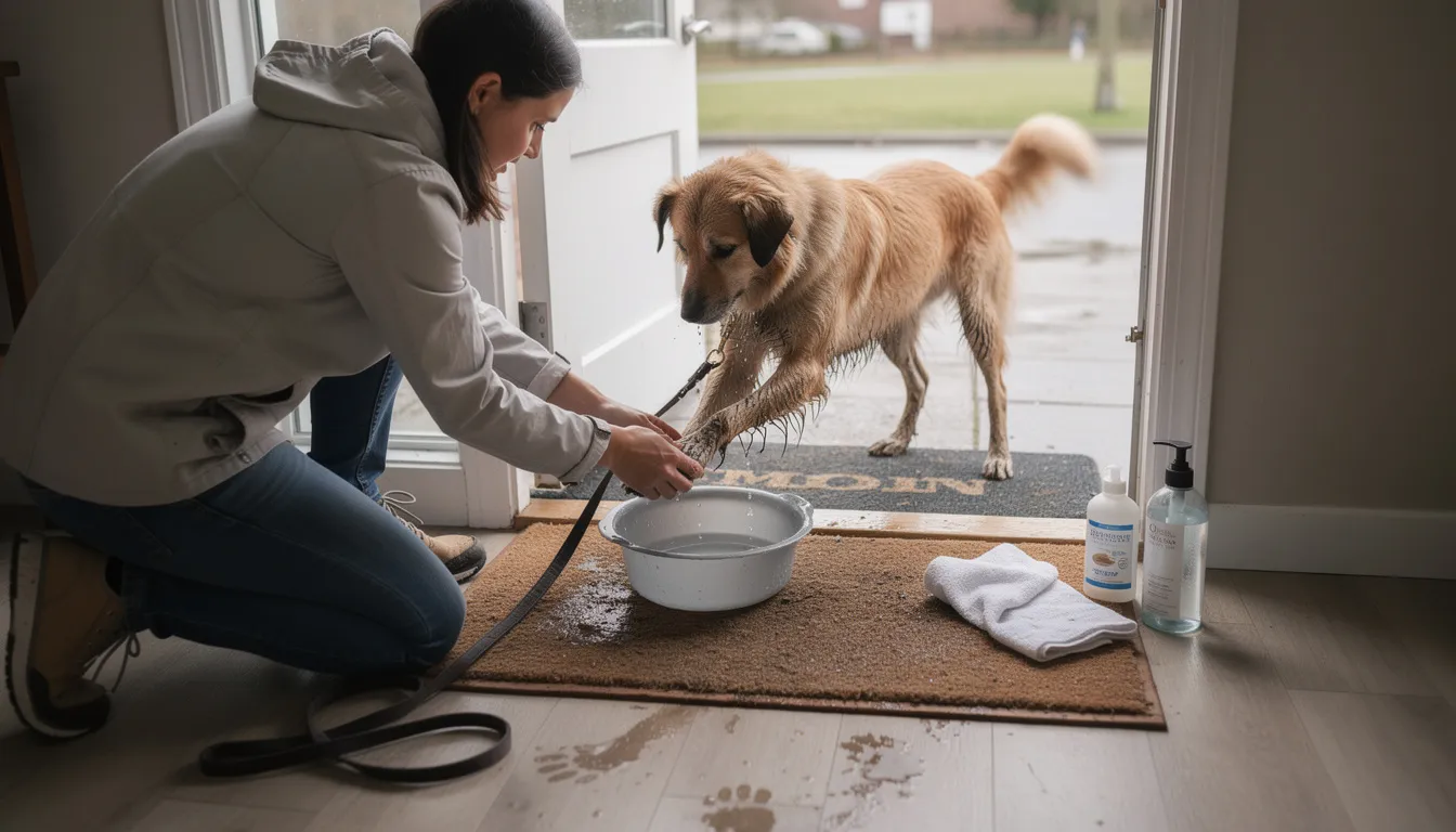 Właściciel myje łapy psa po spacerze, aby usunąć zanieczyszczenia i zapewnić mu komfort. Pies, który może odczuwać swędzenie skóry, cieszy się z dbałości o swoje zdrowie i czystość.