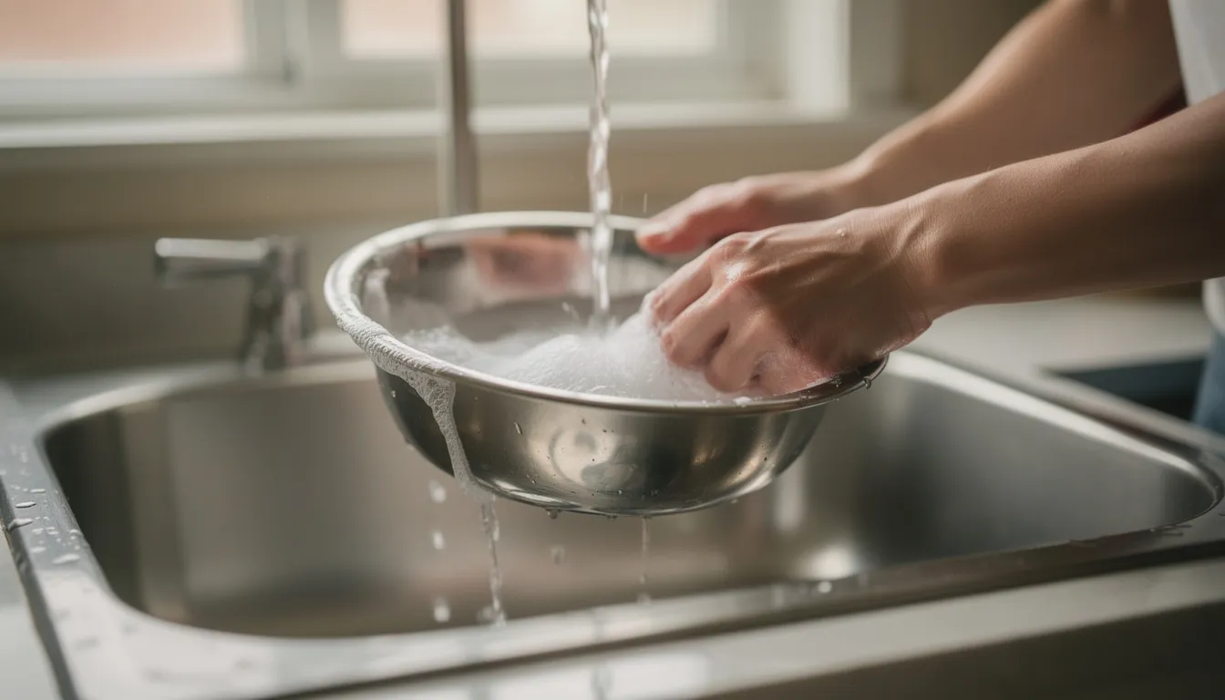 Na zdjęciu widoczna jest osoba myjąca metalową miskę dla psa pod bieżącą wodą, co jest istotnym elementem dbania o zdrowie psa oraz zapobiegania obecności pasożytów. Regularne czyszczenie akcesoriów dla zwierząt, takich jak miski, jest ważne dla utrzymania higieny i zdrowia układu pokarmowego psa.