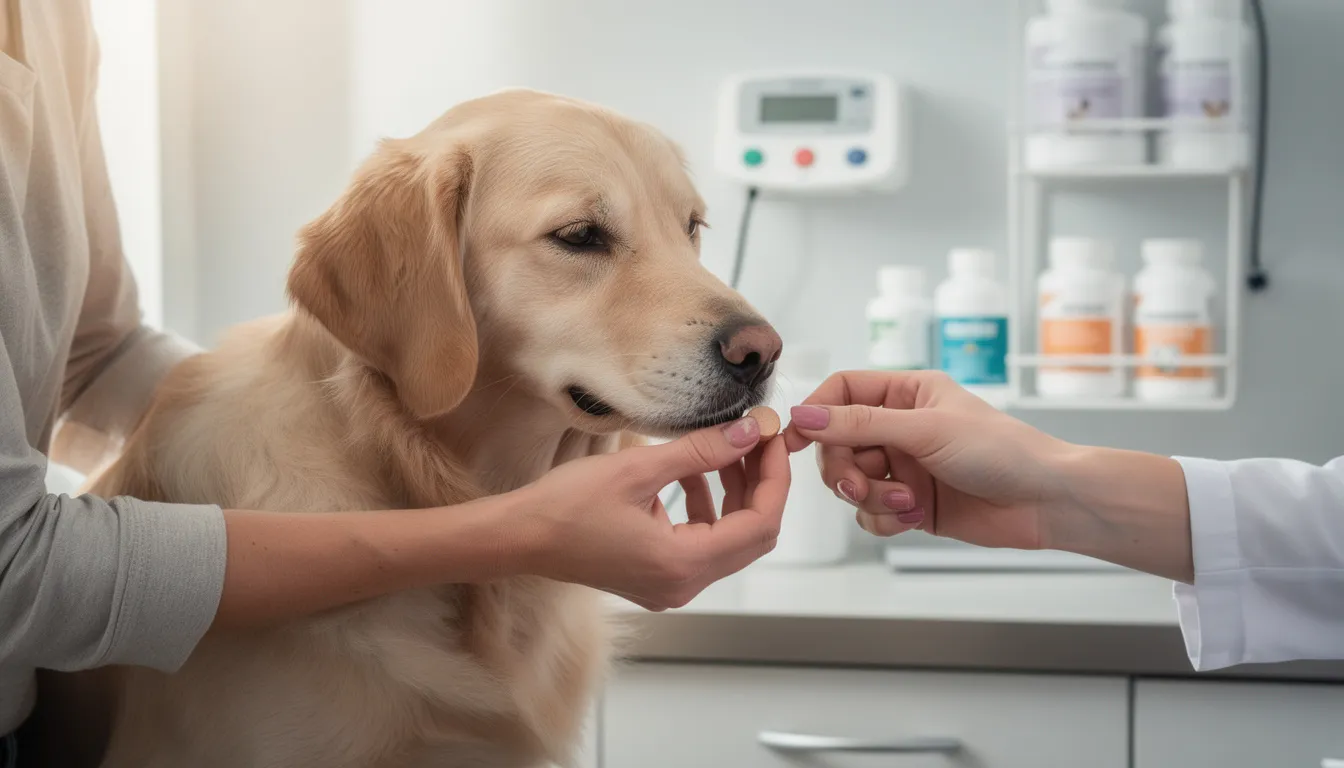 Na zdjęciu widać psa siedzącego spokojnie obok swojego opiekuna, który podaje mu tabletkę weterynaryjną na odrobaczenie. Pies wygląda na zrelaksowanego, co sugeruje pozytywną reakcję na podanie leku, co jest istotne przy regularnym odrobaczaniu psa, aby zapobiec obecności pasożytów wewnętrznych w jego organizmie.