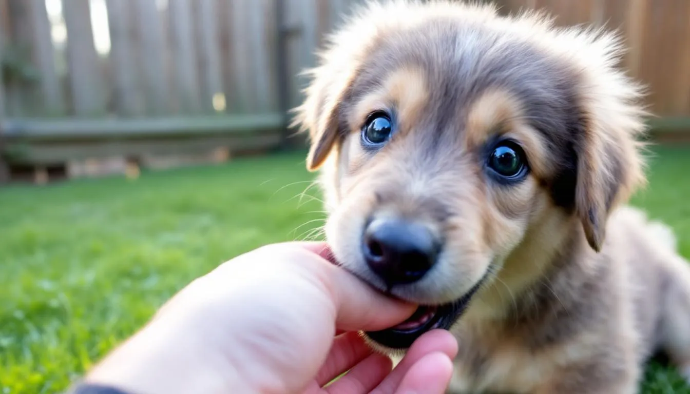 Młody pies delikatnie trzyma rękę człowieka w pysku podczas zabawy, podgryzając ją w łagodny sposób. To zachowanie psa wskazuje na jego chęć do interakcji i radości z zabawy z pupilem.