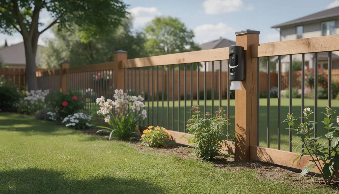 Na zdjęciu znajduje się ogród z zamontowanym ultradźwiękowym odstraszaczem psów przy ogrodzeniu, który ma na celu zapewnienie bezpieczeństwa przed bezpańskimi psami i innymi dzikimi zwierzętami. Urządzenie, umieszczone wśród roślin, emituje wysokiej częstotliwości dźwięki, które są niesłyszalne dla ucha ludzkiego, ale skutecznie odstraszają czworonogi.