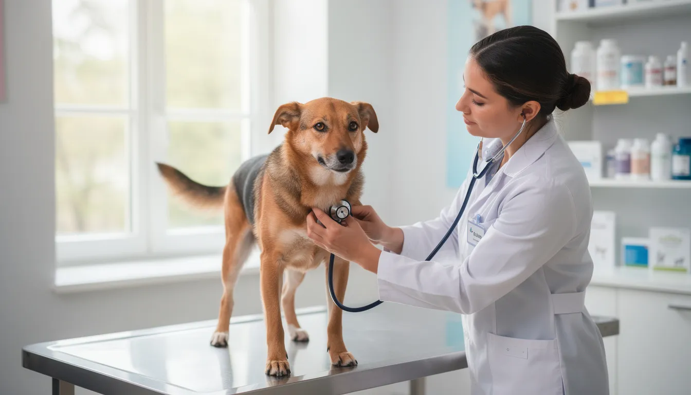 Na obrazku widoczny jest lekarz weterynarii, który bada psa za pomocą stetoskopu. Weterynarz sprawdza zdrowie swojego czworonożnego pacjenta, co jest szczególnie ważne w kontekście leczenia kaszlu i infekcji dróg oddechowych.