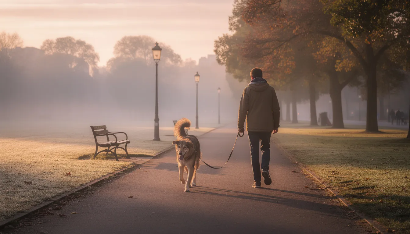 Na zdjęciu widoczny jest pies na spokojnym spacerze ze swoim opiekunem w parku o świcie. Sceneria emanuje spokojem, a pies, mimo że może zmagać się z chorobą serca, cieszy się chwilą aktywności fizycznej na świeżym powietrzu.