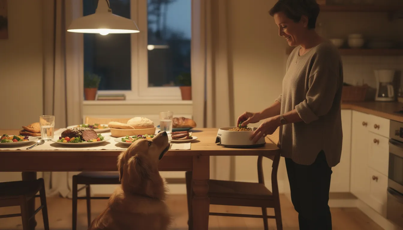 Na obrazku widoczny jest pies, który z zainteresowaniem patrzy na stół z jedzeniem, podczas gdy jego właściciel przygotowuje dla niego osobną porcję. Pies może jeść zdrowe potrawy, które są dostosowane do jego diety i potrzeb zdrowotnych.