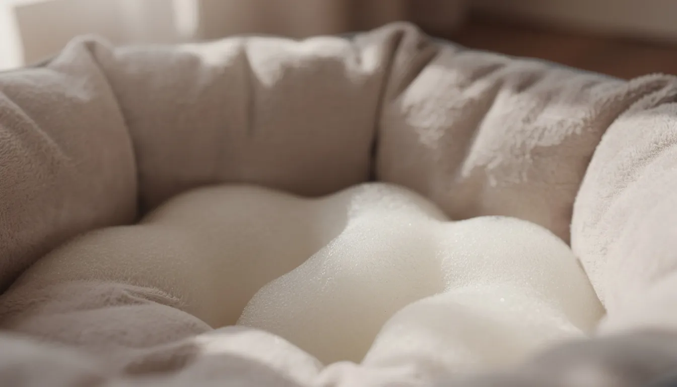 Na zbliżeniu widoczna jest miękka tkanina oraz piankowe wypełnienie budy materiałowej dla psa, zapewniające komfortowy sen twojemu pupilowi. Materiał jest przyjemny w dotyku, co sprawia, że legowisko jest idealnym miejscem do odpoczynku dla średniego psa, takiego jak buldog angielski czy shih tzu.