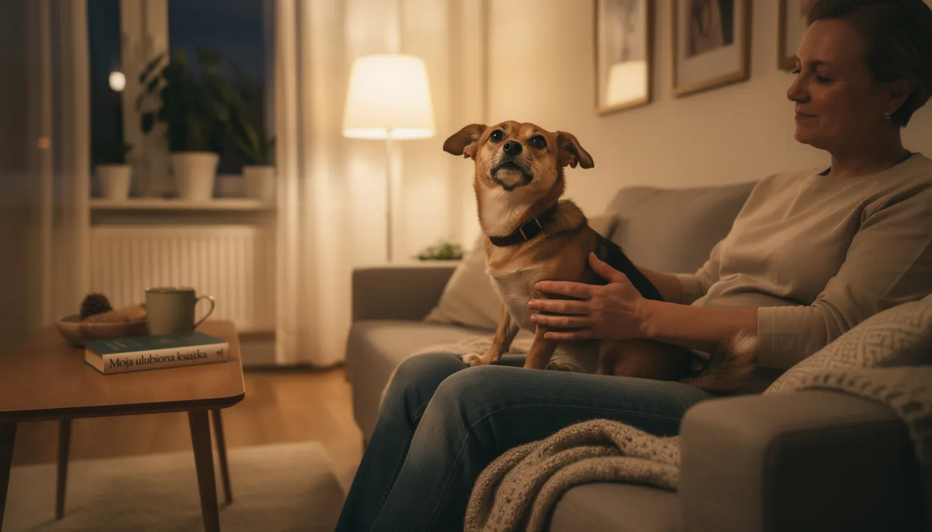 Na zdjęciu widoczny jest mały pies mieszaniec, który siedzi na kolanach swojego właściciela w przytulnym mieszkaniu. Piesek, będący jednym z najtańszych ras, emanuje radością i bliskością, co sprawia, że jest doskonałym towarzyszem dla rodzin oraz osób poszukujących przyjaciela do adopcji.