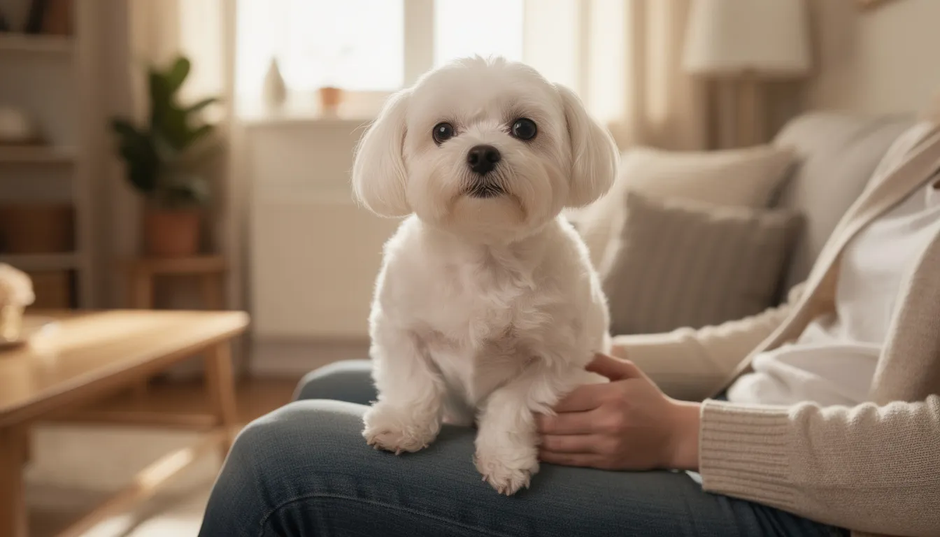 Na zdjęciu widoczny jest mały biały pies rasy maltańczyk, siedzący na kolanach swojego opiekuna w przytulnym salonie. Piesek ma łagodnym usposobieniu i jest doskonałym towarzyszem dla osób, które cenią sobie towarzystwo małych ras psów.