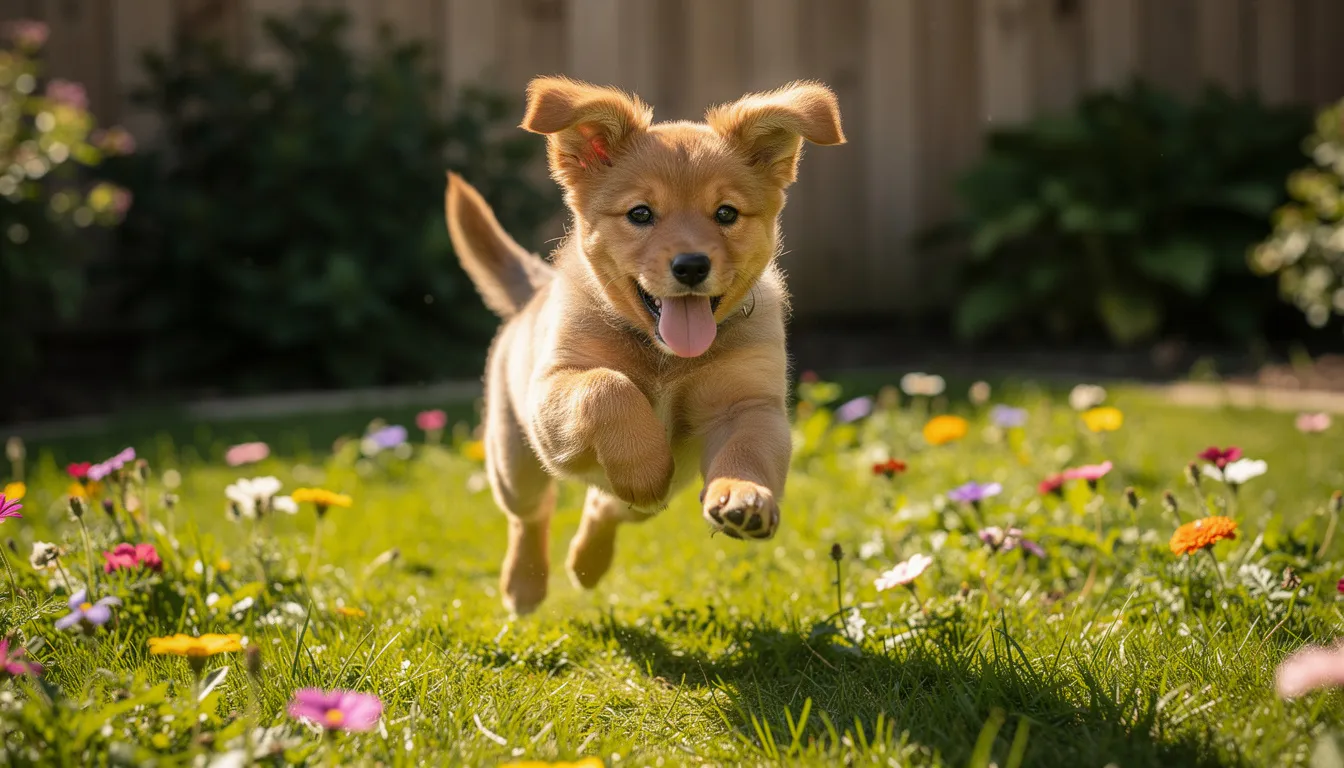 Na obrazku widać wesołego szczeniaka bawiącego się w ogrodzie, pełnego energii i zdrowia. Szczeniak ma radosny wyraz twarzy, co przypomina o znaczeniu regularnych szczepień, takich jak pierwsze szczepienie psa, które chroni go przed groźnymi chorobami.