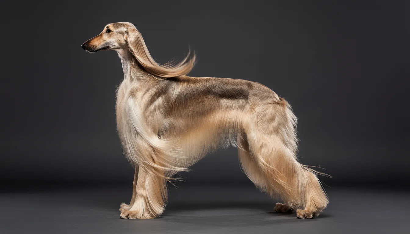 Na obrazie widoczny jest elegancki chart afgański stojący w pozycji wystawowej, z długą, jedwabistą sierścią rozwiewającą się na wietrze. Jego majestatyczny wygląd i niezależny charakter podkreślają urok tej rasy, która jest jedną z najstarszych ras psów.