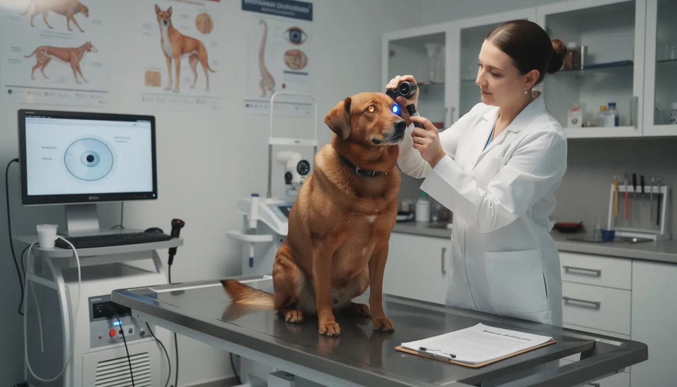 Na zdjęciu widoczny jest pies podczas badania okulistycznego u weterynarza, gdzie specjalista sprawdza stan oczu psa, w tym trzeciej powieki, która może być narażona na zapalenie lub wypadnięcie gruczołu. W tle widać sprzęt medyczny oraz przyrządy używane do diagnostyki problemów okulistycznych.