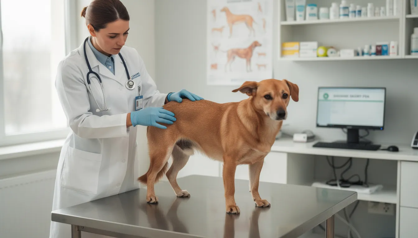 Na obrazie widoczny jest pies podczas badania weterynaryjnego, gdzie lekarz weterynarii sprawdza skórę psa w poszukiwaniu ewentualnych zmian skórnych. Weterynarz zwraca uwagę na ewentualne guzy złośliwe lub inne niepokojące zmiany, które mogą wymagać dalszej diagnostyki i leczenia.
