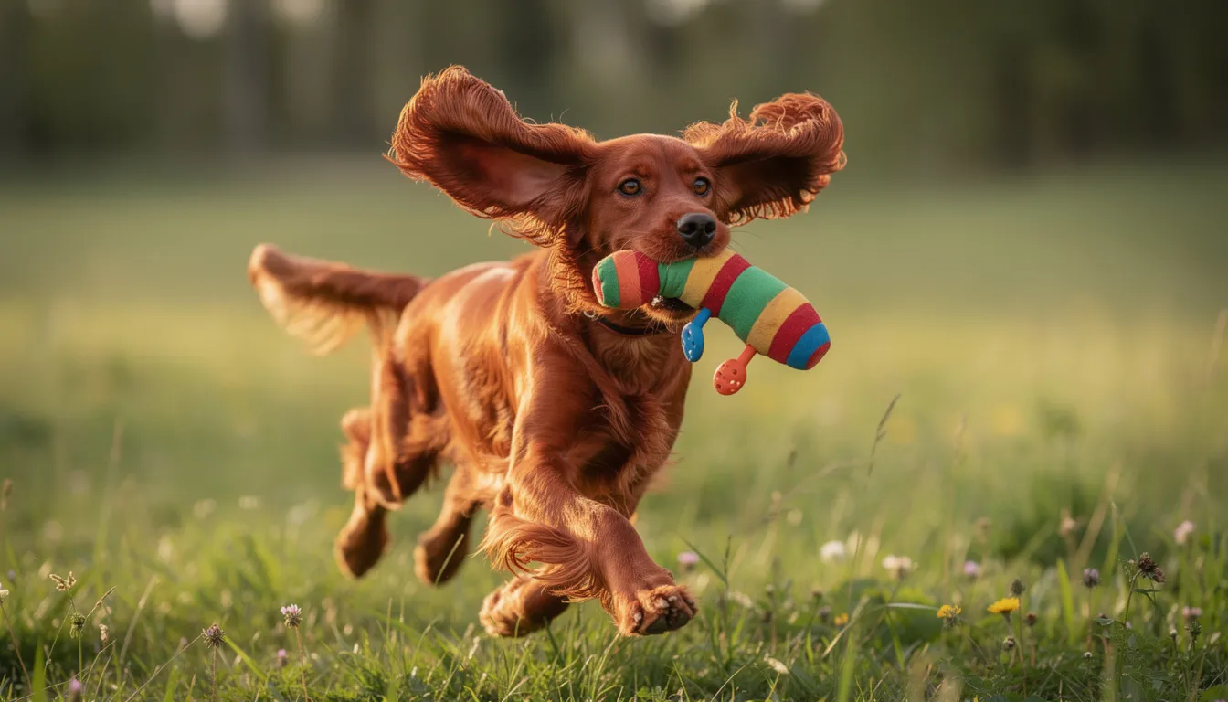 Na obrazku widać rudy cocker spaniel biegnący przez łąkę z zabawką w pysku. Pies o rudym umaszczeniu cieszy się aktywnym trybem życia, a jego wesołe usposobienie i silny instynkt łowiecki sprawiają, że jest idealnym towarzyszem do wspólnych zabaw.