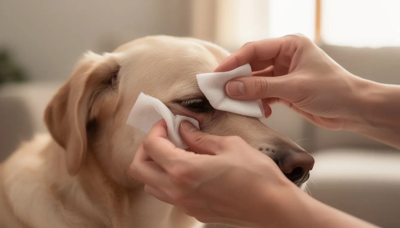 Właściciel delikatnie przemywa okolice oczu swojego psa gazikiem, zwracając uwagę na zdrowie oczu i ewentualne objawy zapalenia trzeciej powieki. W tle widać spokojną atmosferę, co świadczy o troskliwej opiece nad pupilem.