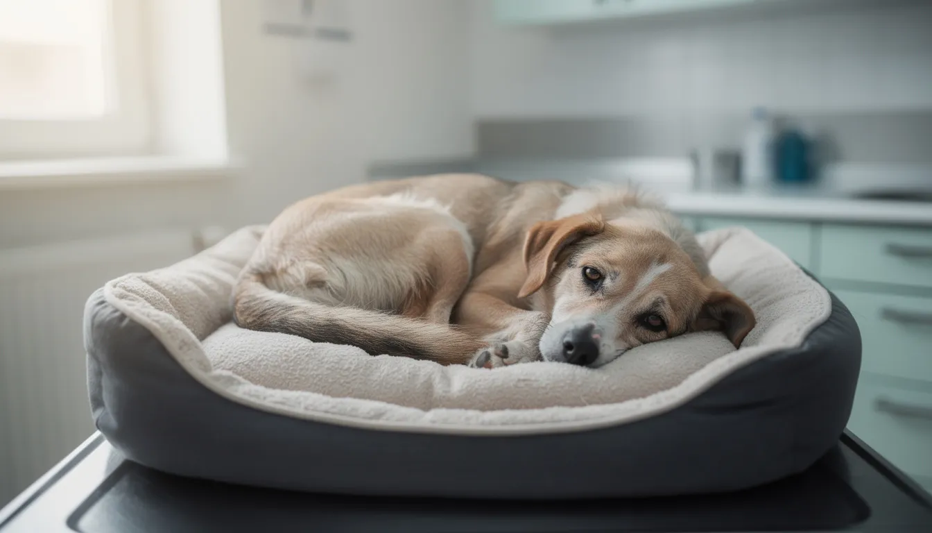 Na posłaniu leży smutna i osłabiona suka, która wykazuje oznaki apatii, co może sugerować problemy zdrowotne, takie jak ropomacicze. Jej stan może być wynikiem infekcji macicy lub innych poważnych schorzeń wymagających interwencji weterynaryjnej.