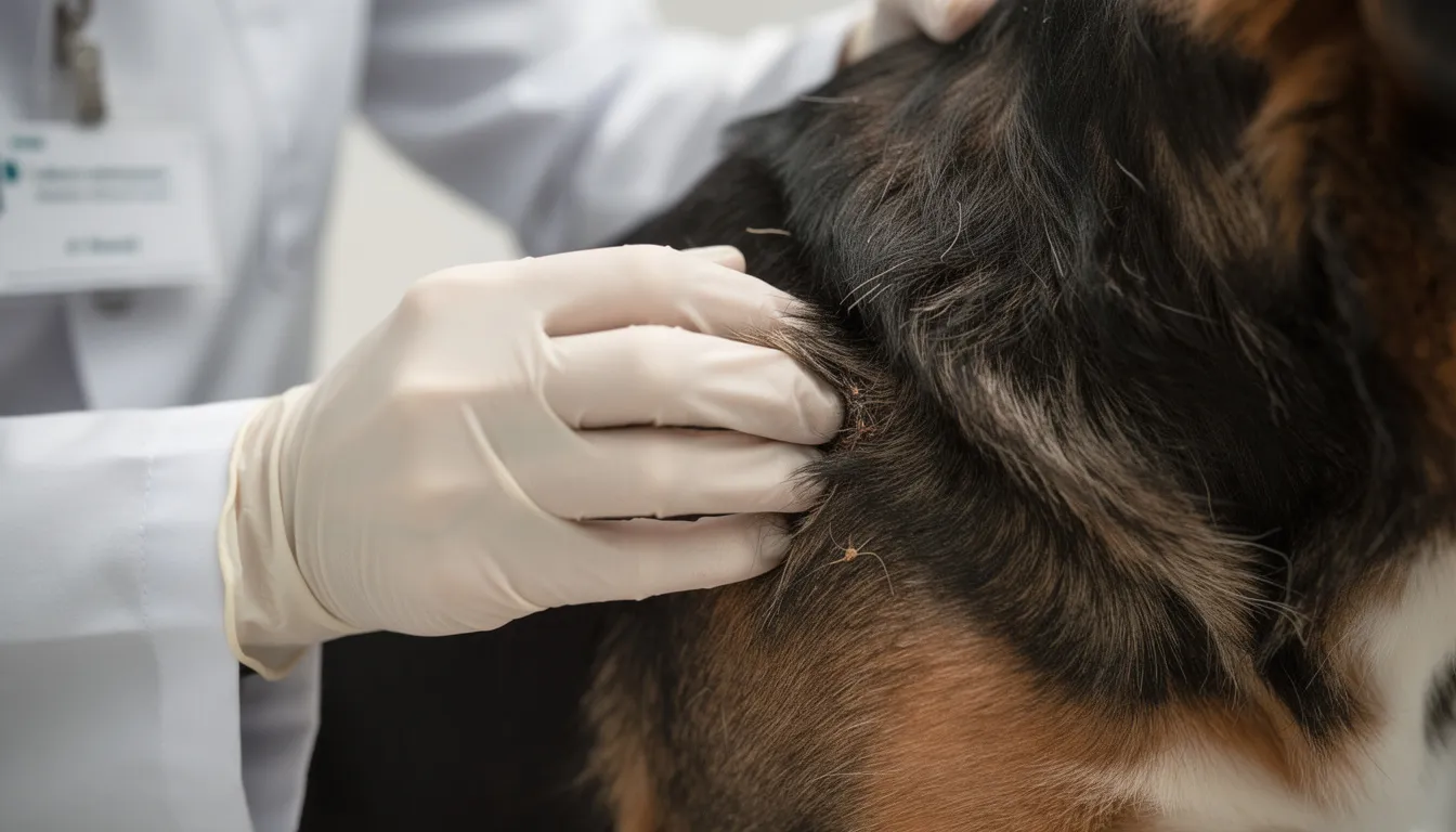 Na zdjęciu widoczna jest ręka weterynarza, która bada sierść psa w poszukiwaniu pasożytów, takich jak pchły. Weterynarz może sprawdzać obecność odchodów pcheł oraz ich jaja, co jest istotne w kontekście zwalczania pcheł i zapobiegania infestacji.