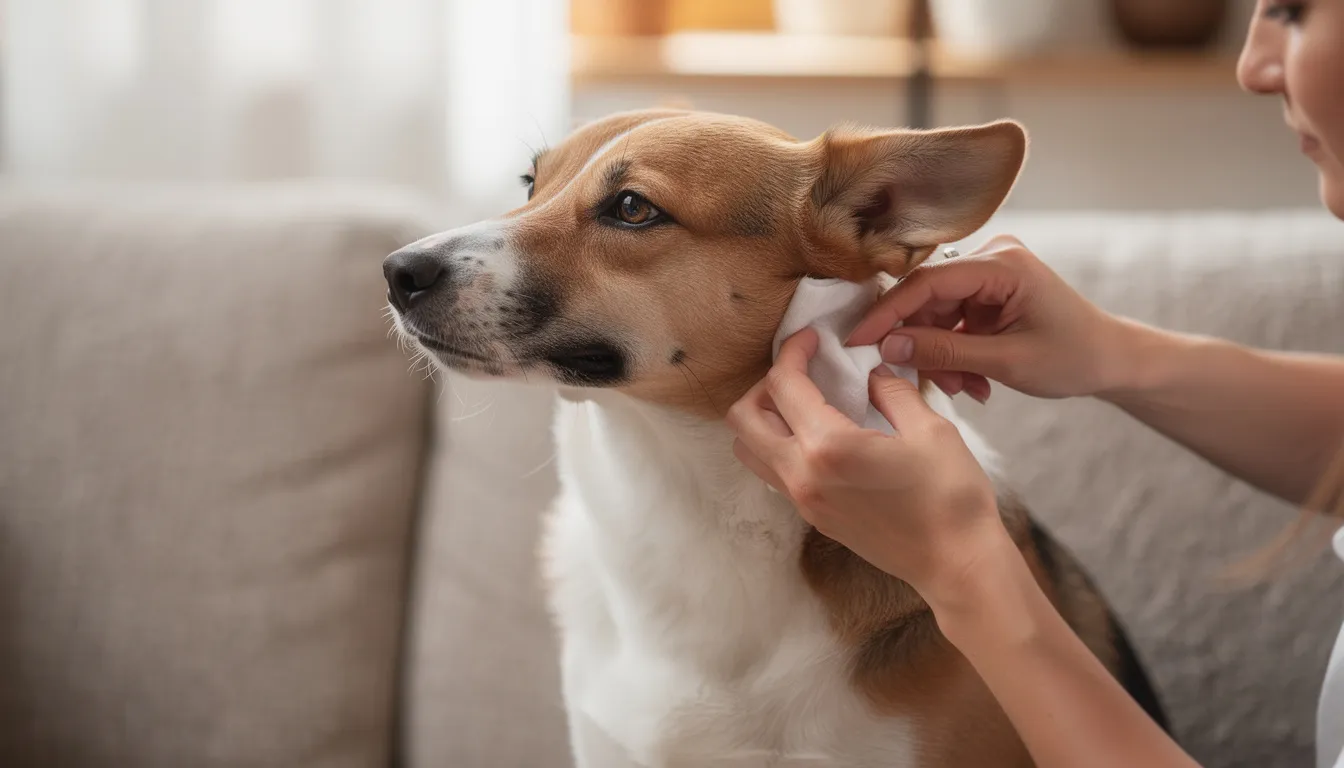 Na zdjęciu widoczny jest pies, którego właściciel delikatnie pielęgnuje uszy, zwracając uwagę na ich stan i zdrowie. Właściciel używa elastycznej końcówki, aby sprawdzić, czy uszy psa są czyste i wolne od nieprzyjemnego zapachu oraz nadmiaru woskowiny.